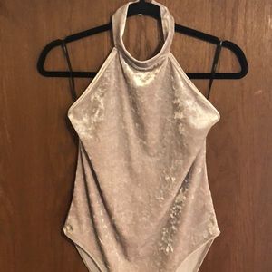 Crushed Velvet Bodysuit, Grey, Halter, Open back